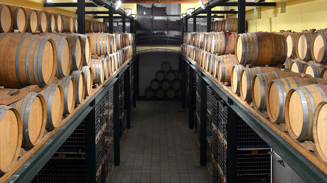 wine barrels in bar cellar stacked on shelving